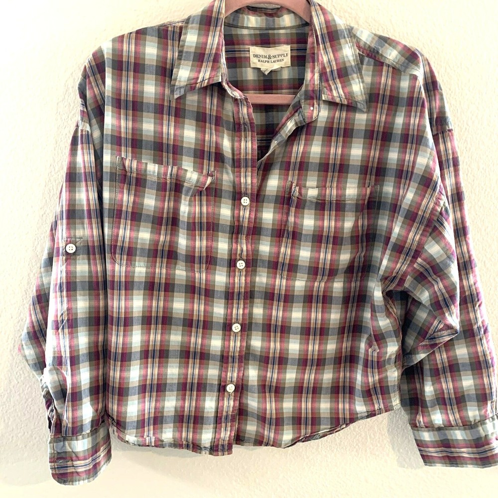DENIM & SUPPLY Ralph Lauren Womens Shirt Small Crop Roll Tab Sleeve Button Up